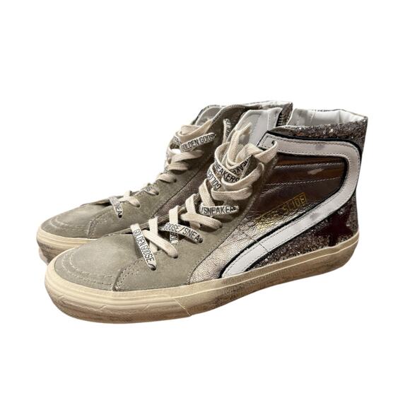Golden Goose Slide Hi Top Sneaker Metallic Glitter Leather Suede 39 - Picture 6 of 7